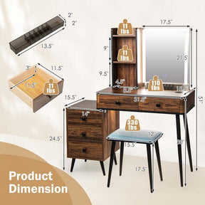 Makeup Table Vanity Set Dressing Desk with Dimmable Lighted Mirror, 3 Lighting Modes, Human Body Induction