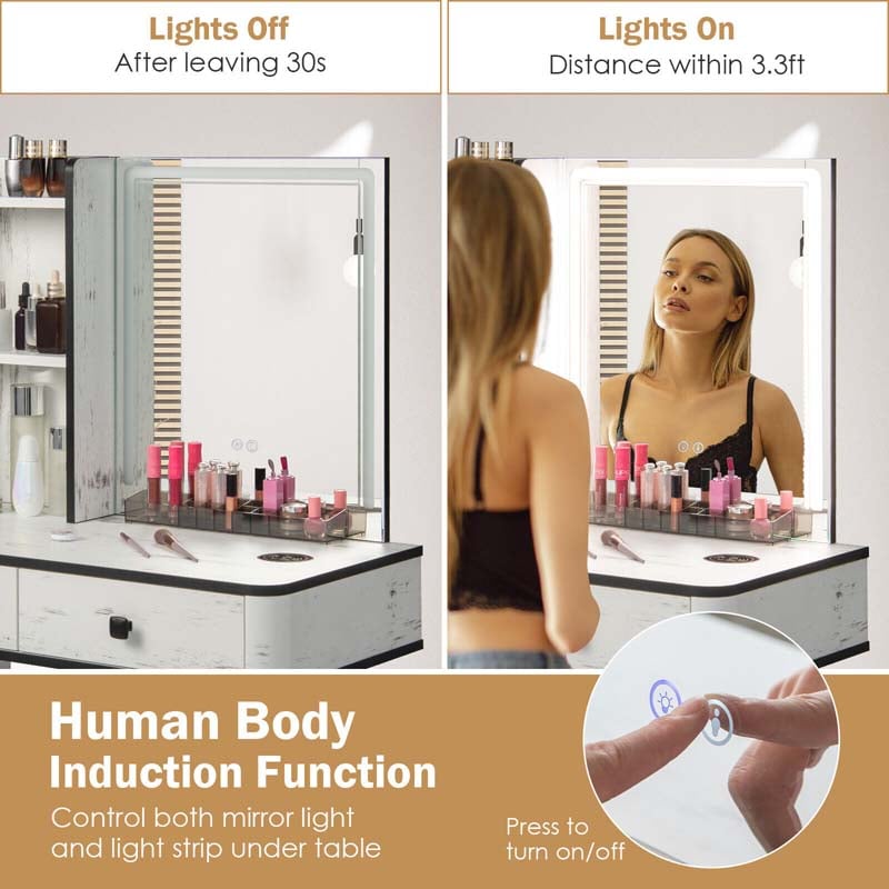 Makeup Table Vanity Set Dressing Desk with Dimmable Lighted Mirror, 3 Lighting Modes, Human Body Induction