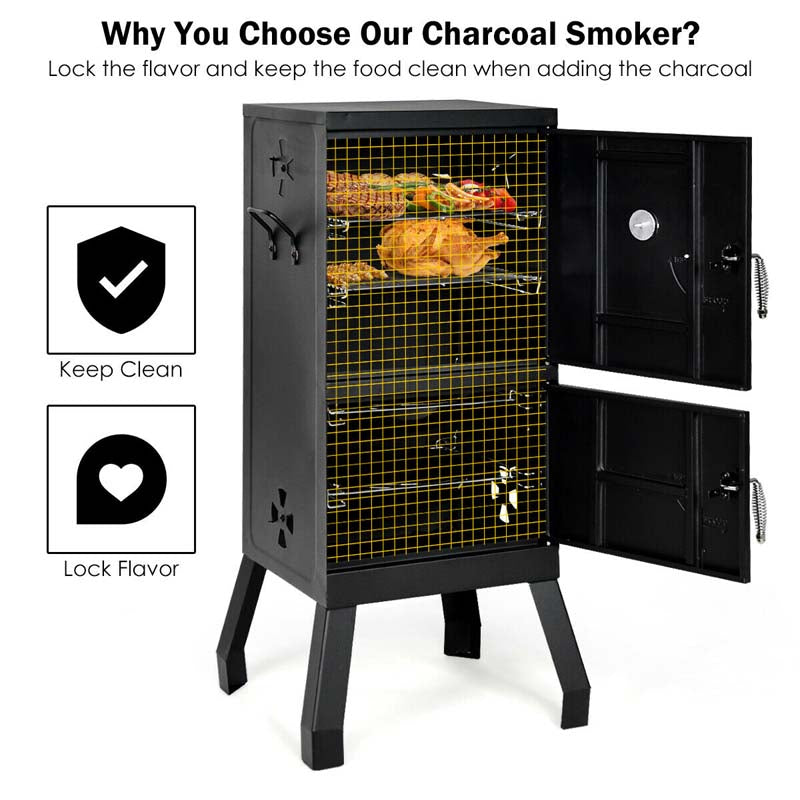 2-Layer Smoked Carbon Oven, Vertical Charcoal Smoker, Outdoor Portable Charcoal Grill Barbeque with 2 Chrome-Plated Nets, 2 Charcoal Pots