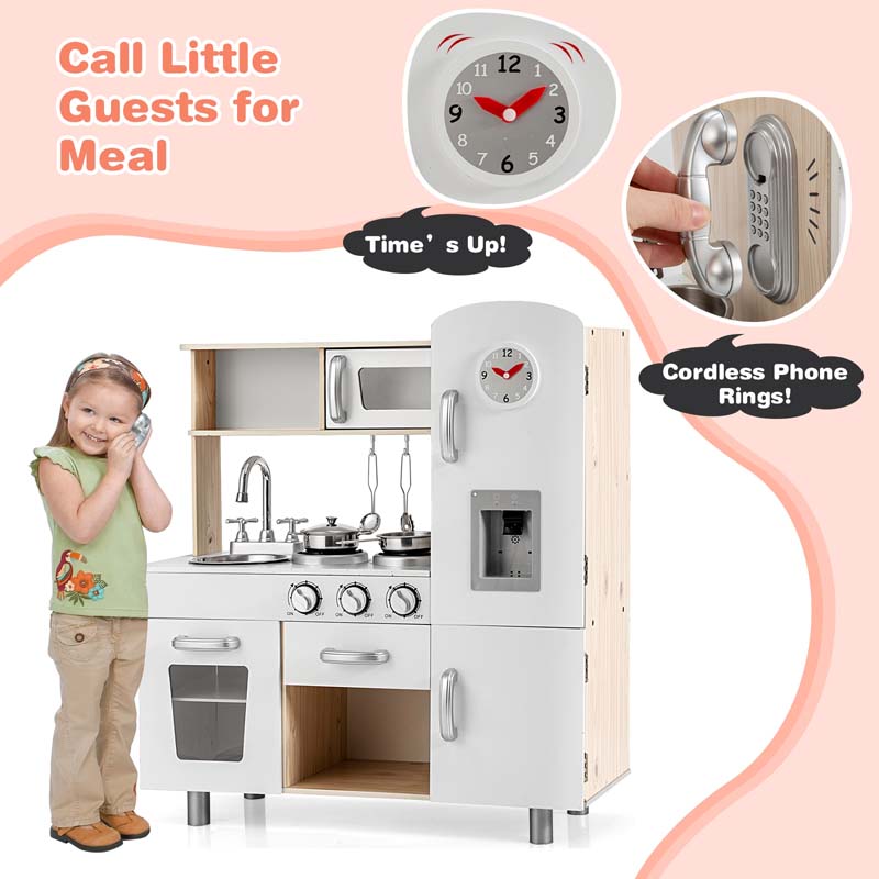 Wooden Kids Kitchen Playset w/Cookware Utensil, Phone, Clock, Water Dispenser, Pretend Cooking Toy Gift Toddlers Play Kitchen Set