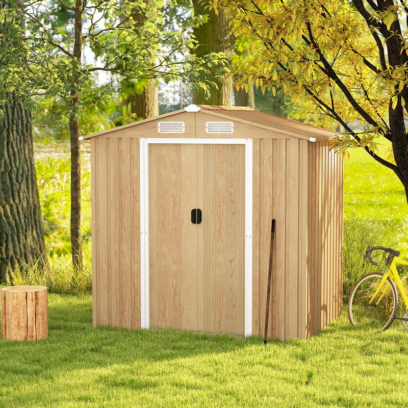 8' x 6' Woodgrain Metal Storage Shed Outdoor Waterproof Garden Shed Tool House Organizer w/Base Floor, 4 Vents, Lockable Doors