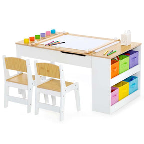 3-in-1 Wood Kids Art Table & Easel Set with 2 Chairs, 6 Storage Bins, Paper Roller, Paint Cups, Toddler Crafts Activity Table Chair Set