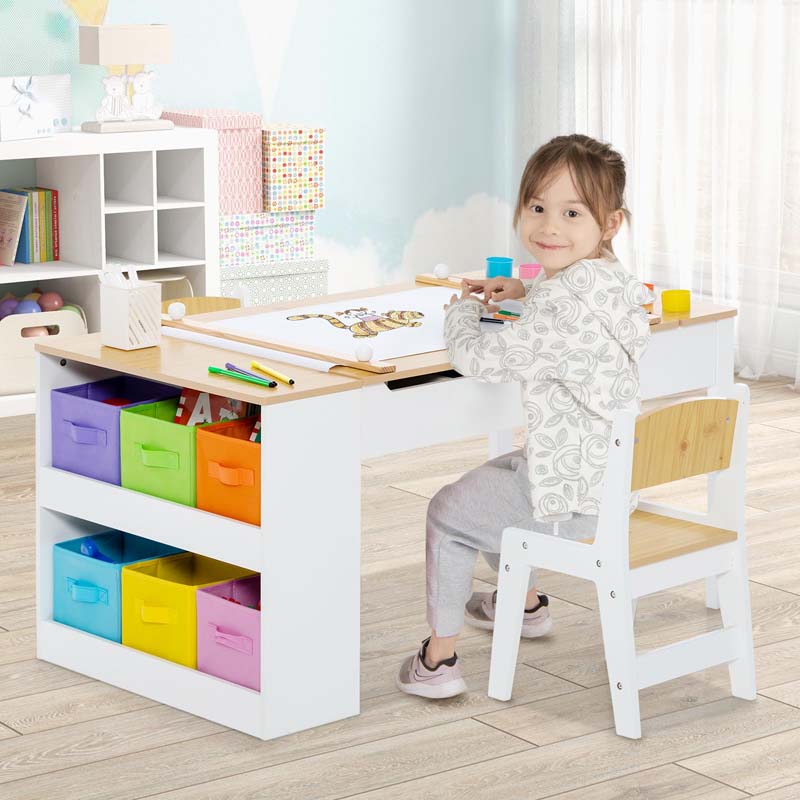 Kids Art Desk Easel & Bench Set w/ Replaceable Paper Roll Toddler Wooden  Easel 