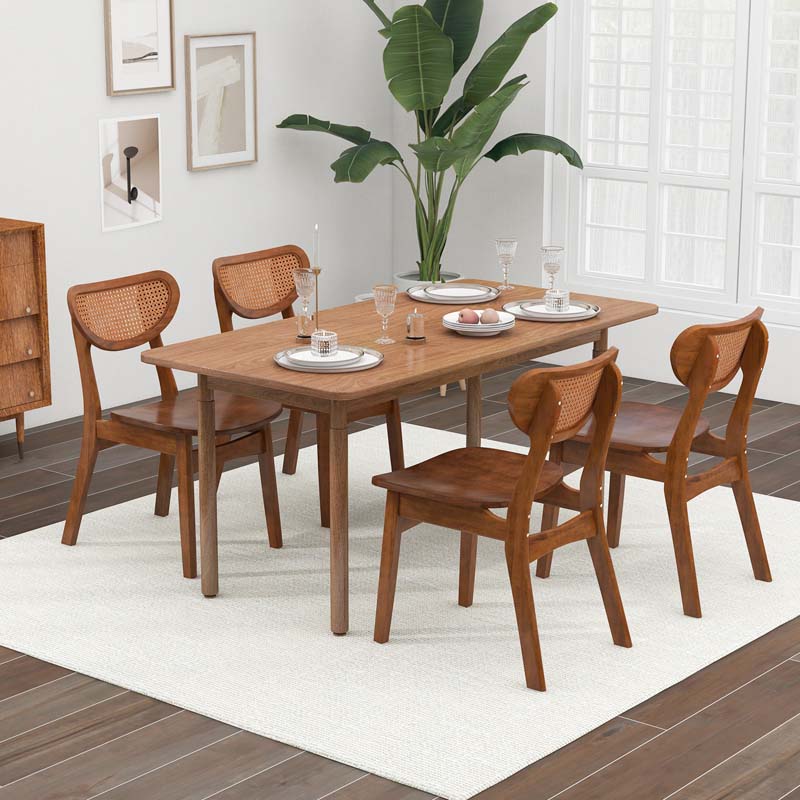 Farmhouse Style Solid Rubber Wooden Dining Chairs with Breathable Rattan Woven Backrest