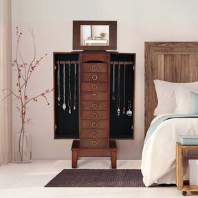 Walnut Wooden Jewelry Cabinet with 9 Drawers, 2 Side Doors & Flip Top Mirror, Bedroom Jewelry Armoire Storage Chest Stand