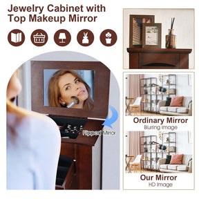 Walnut Wooden Jewelry Cabinet with 9 Drawers, 2 Side Doors & Flip Top Mirror, Bedroom Jewelry Armoire Storage Chest Stand