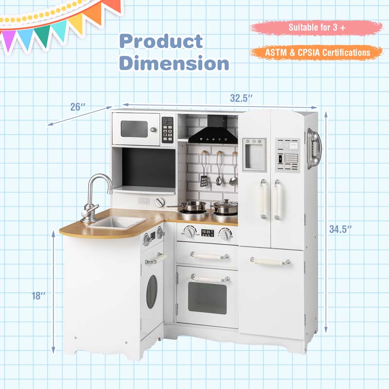 11-in-1 Toddler Wooden Play Kitchen Toy Set, Kids Corner Kitchen Playset with Realistic Washing Machine, Microwave, Stove, Sink