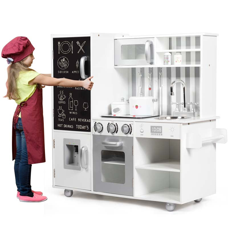 Wooden Kids Kitchen Playset with Simulated Sound, Chalkboard, Water Dispenser, Utensils, Little Chef Pretend Play Kitchen Toy Set Gift