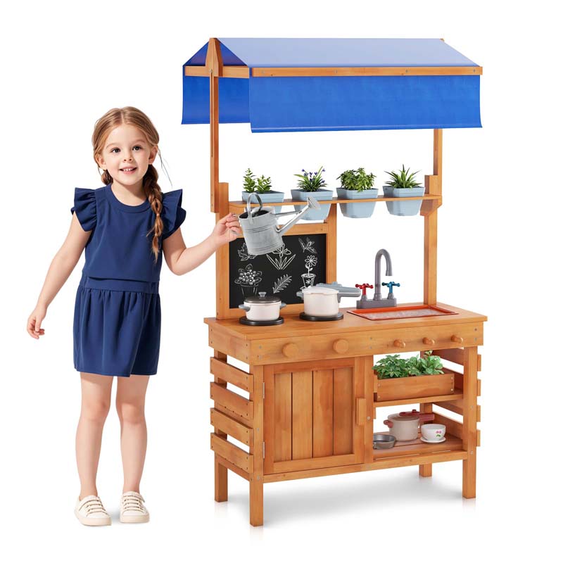 Kids Mud Kitchen Playset, Fir Wood Outdoor Play Kitchen Kids Potting Bench Mud Table with Adjustable Canopy, Sink, 4 Pots, Blackboard