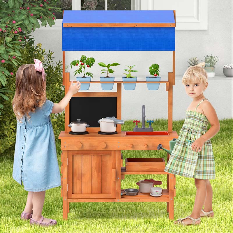 Kids Mud Kitchen Playset, Fir Wood Outdoor Play Kitchen Kids Potting Bench Mud Table with Adjustable Canopy, Sink, 4 Pots, Blackboard