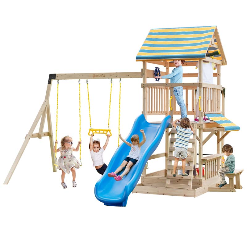 All Solid Fir Outdoor Playground Center for Kids, Backyard Wooden Swing Set with Wave Slide, Monkey Bars, Climbing Wall, Sandbox, Picnic Table