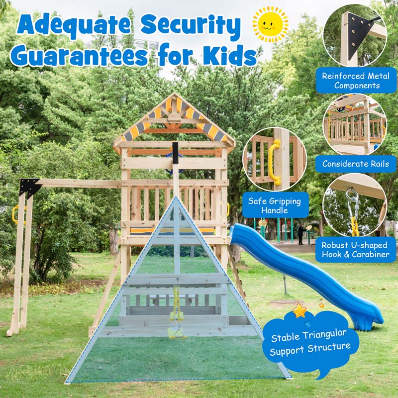 All Solid Fir Outdoor Playground Center for Kids, Backyard Wooden Swing Set with Wave Slide, Monkey Bars, Climbing Wall, Sandbox, Picnic Table