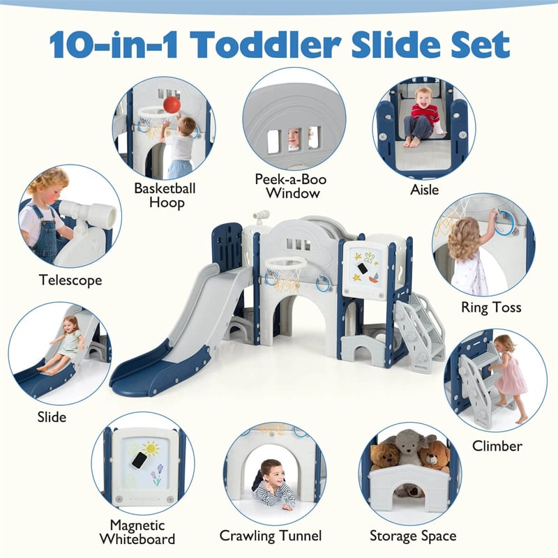 10 in 1 Toddler Slide Set, Kids Slide Climber Playset with Magnetic Whiteboard, Basketball Hoop & Ring Toss, Indoor Playground for Ages 3+