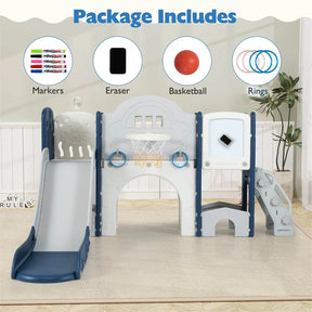 10 in 1 Toddler Slide Set, Kids Slide Climber Playset with Magnetic Whiteboard, Basketball Hoop & Ring Toss, Indoor Playground for Ages 3+