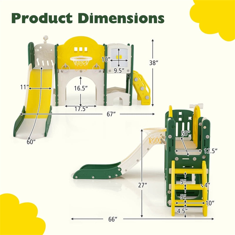 10 in 1 Toddler Slide Set, Kids Slide Climber Playset with Magnetic Whiteboard, Basketball Hoop & Ring Toss, Indoor Playground for Ages 3+