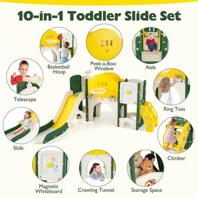 10 in 1 Toddler Slide Set, Kids Slide Climber Playset with Magnetic Whiteboard, Basketball Hoop & Ring Toss, Indoor Playground for Ages 3+
