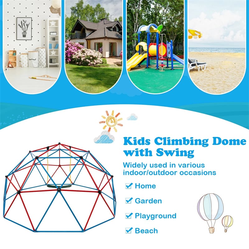 10 FT Geometric Dome Climber with Swing, Upgrade Jungle Gym Monkey Bar for Backyard, Outdoor Climbing Toys for Toddlers