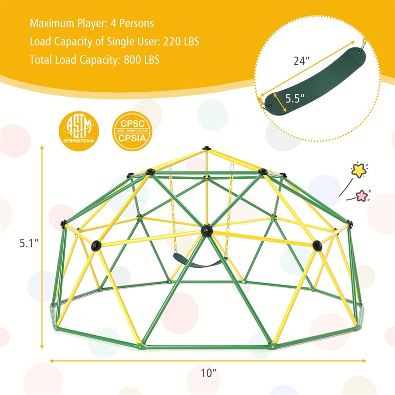 10 FT Geometric Dome Climber with Swing, Upgrade Jungle Gym Monkey Bar for Backyard, Outdoor Climbing Toys for Toddlers