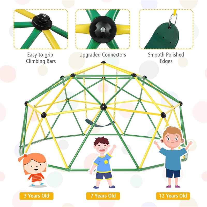 10 FT Geometric Dome Climber with Swing, Upgrade Jungle Gym Monkey Bar for Backyard, Outdoor Climbing Toys for Toddlers