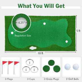 10FT Golf Putting Green, Professional Golf Training Mat with 2 Golf Balls, 3 Holes, Flags & Cups, Realistic Turf for Indoor Outdoor Practice