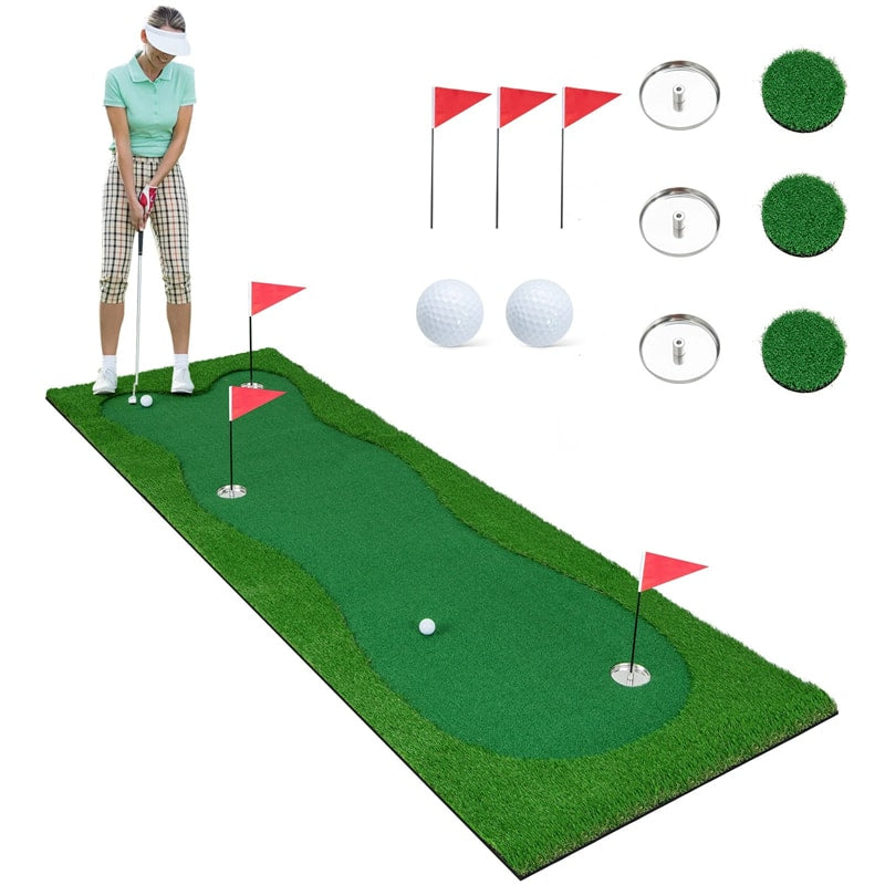 10FT Golf Putting Green, Professional Golf Training Mat with 2 Golf Balls, 3 Holes, Flags & Cups, Realistic Turf for Indoor Outdoor Practice