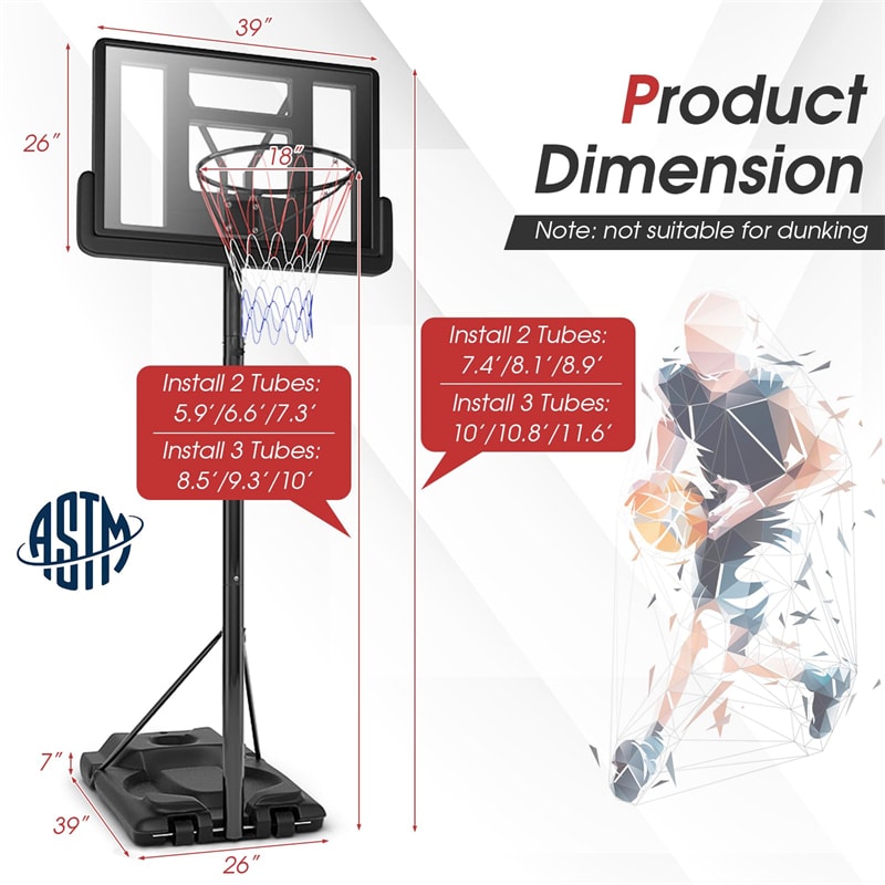 5.9-10 FT Portable Basketball Hoop System, Adjustable Basketball Goal with 39" Shatterproof Backboard for Indoor Outdoor Kids Adults