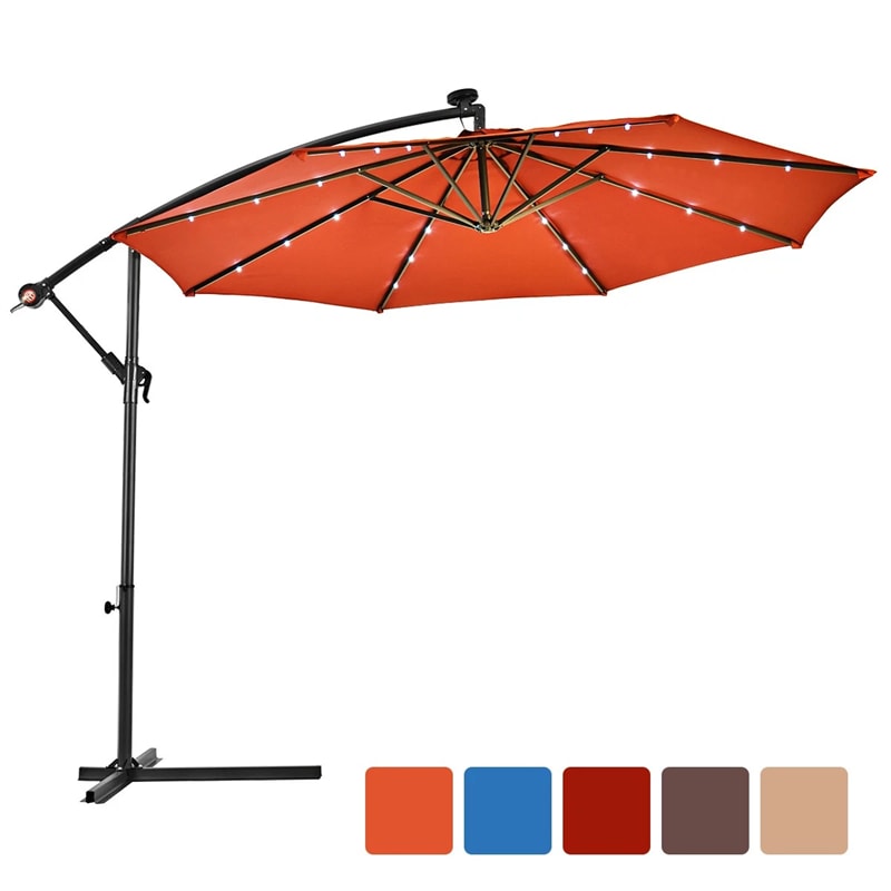 10FT Offset Patio Umbrella with 40 Solar LED Lights & Cross Base, Large Outdoor Cantilever Umbrella for Sun Rain