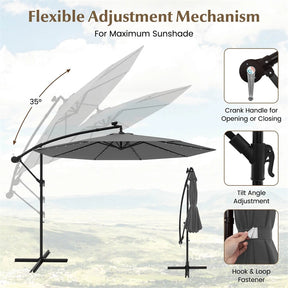 10FT Offset Patio Umbrella with 40 Solar LED Lights & Cross Base, Large Outdoor Cantilever Umbrella for Sun Rain