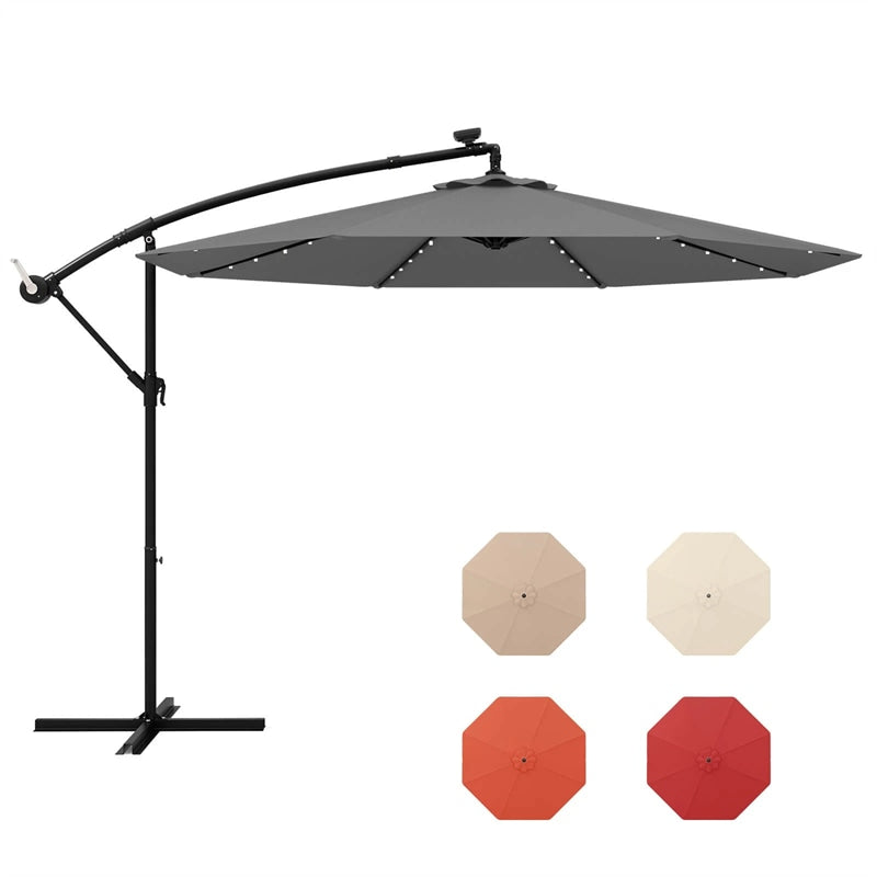 10FT Offset Patio Umbrella with 40 Solar LED Lights & Cross Base, Large Outdoor Cantilever Umbrella for Sun Rain