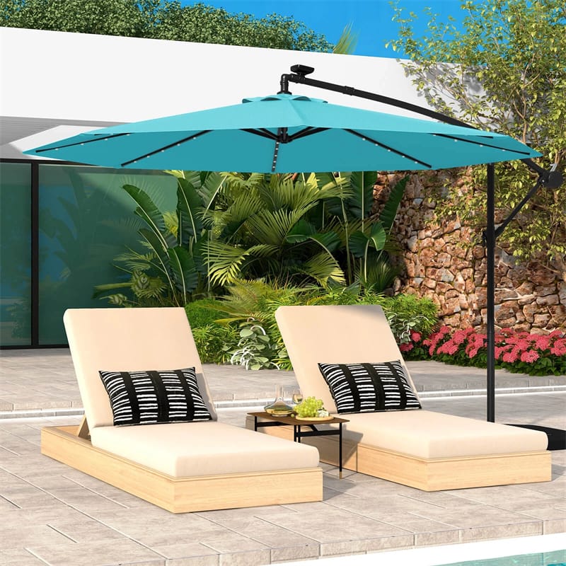 10FT Offset Patio Umbrella with 40 Solar LED Lights & Cross Base, Large Outdoor Cantilever Umbrella for Sun Rain