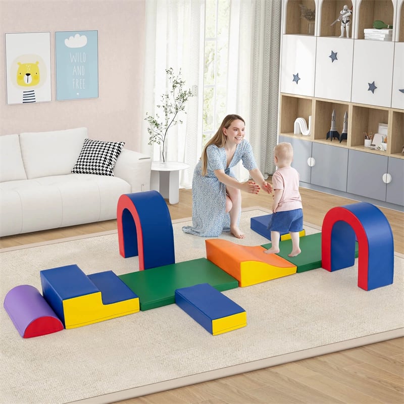 10-Piece Foam Climbing Blocks, Soft PU Leather Play Gym Baby Climber for Crawling & Sliding, Safe Indoor Toddler Climbing Toys for Kids Age 1-3