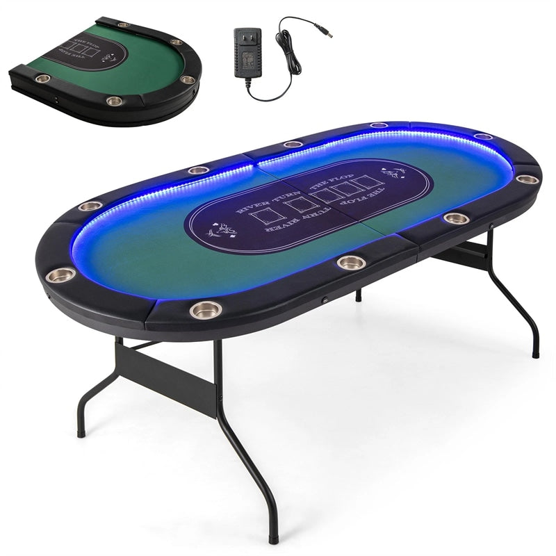 10 Player Folding Poker Table, 84" Casino Leisure Table with Cup Holder, 4 USB Ports & LED Lights for Texas Holdem, Blackjack, Card Games