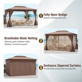 10 x 13 FT Patio Gazebo, Double-Roof Outdoor Canopy Tent with Mesh Netting & Privacy Curtains, Heavy-Duty Metal Frame Pavilion for Garden Yard