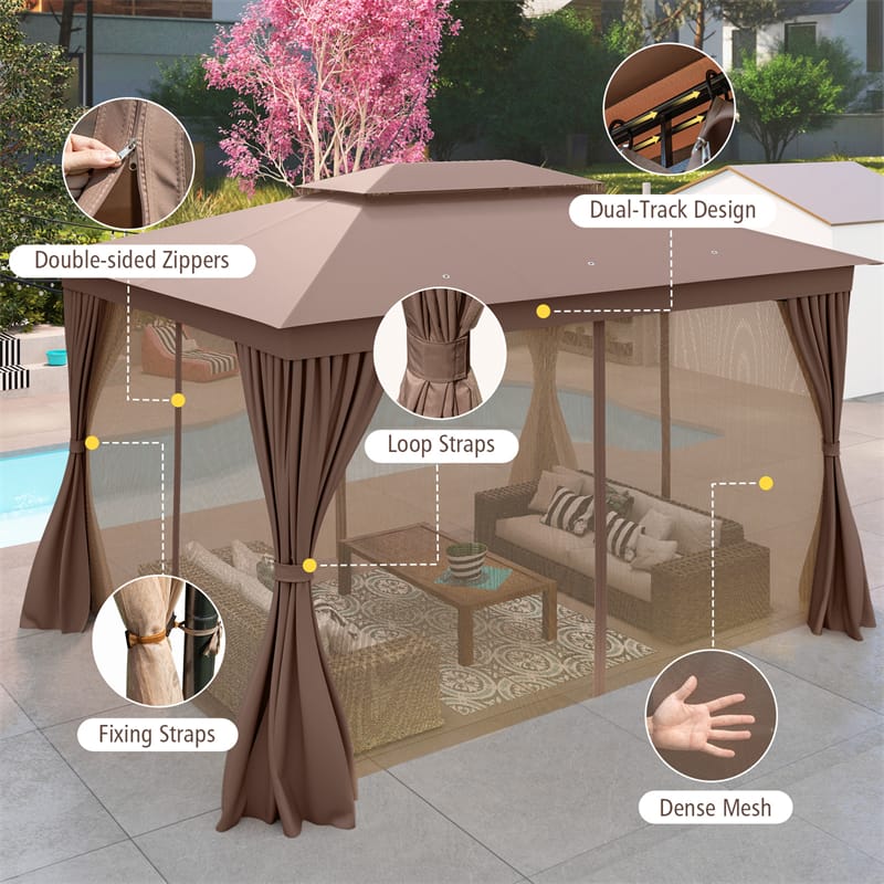 10 x 13 FT Patio Gazebo, Double-Roof Outdoor Canopy Tent with Mesh Netting & Privacy Curtains, Heavy-Duty Metal Frame Pavilion for Garden Yard