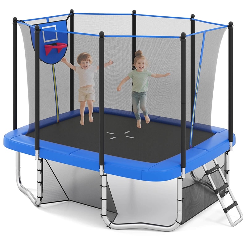 10x8 FT Rectangular Trampoline with Basketball Hoop, Soccer Goal, Enclosure Net, ASTM Approved Heavy-Duty Outdoor Trampoline for Kids & Adults
