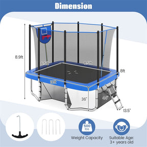 10x8 FT Rectangular Trampoline with Basketball Hoop, Soccer Goal, Enclosure Net, ASTM Approved Heavy-Duty Outdoor Trampoline for Kids & Adults