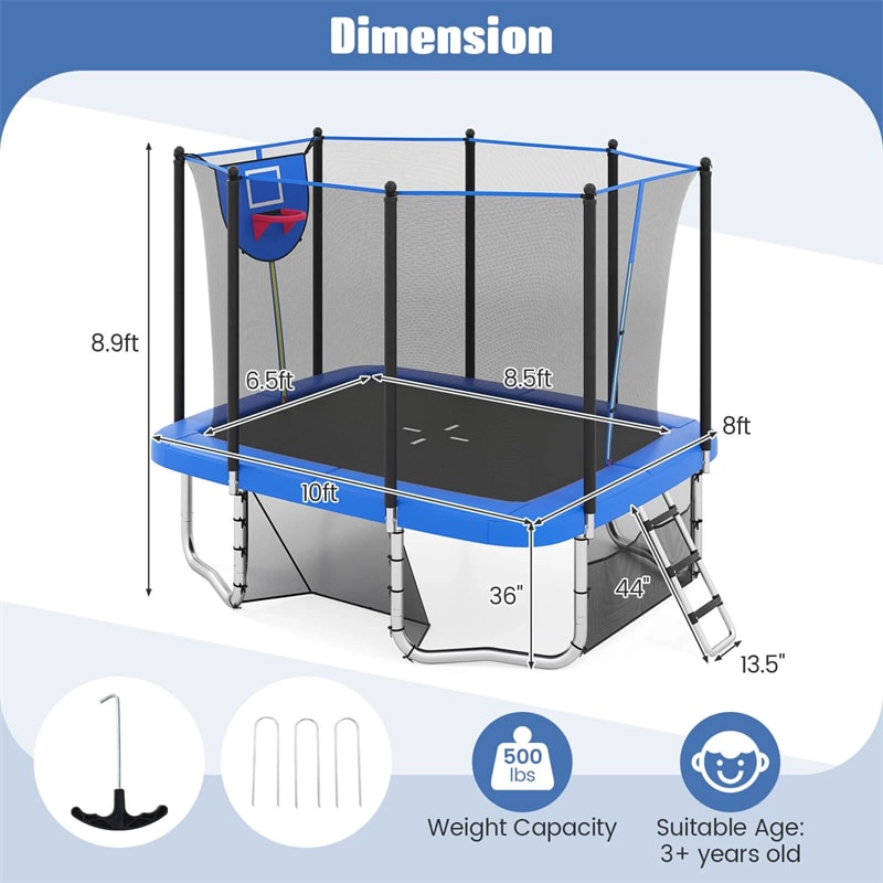 10x8 FT Rectangular Trampoline with Basketball Hoop, Soccer Goal, Enclosure Net, ASTM Approved Heavy-Duty Outdoor Trampoline for Kids & Adults