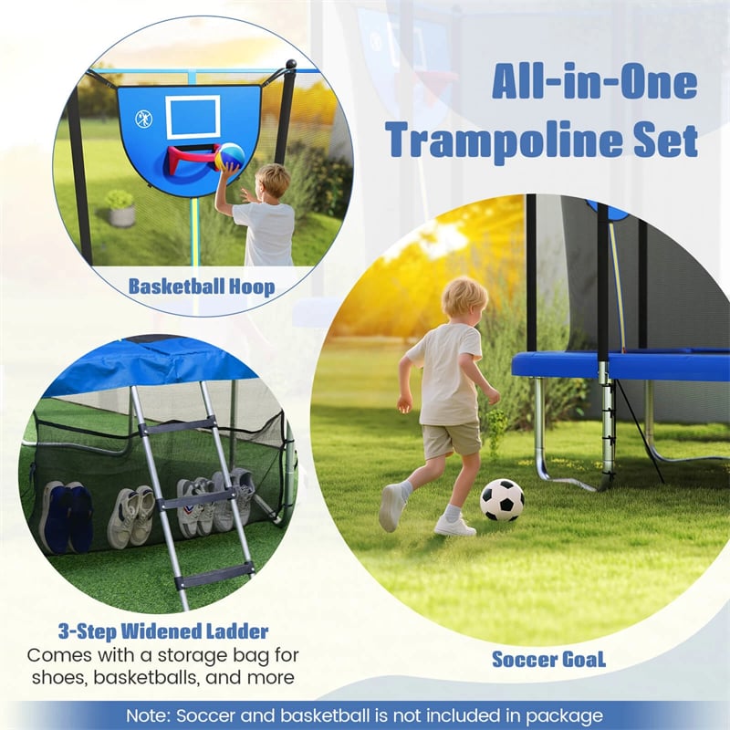 10x8 FT Rectangular Trampoline with Basketball Hoop, Soccer Goal, Enclosure Net, ASTM Approved Heavy-Duty Outdoor Trampoline for Kids & Adults