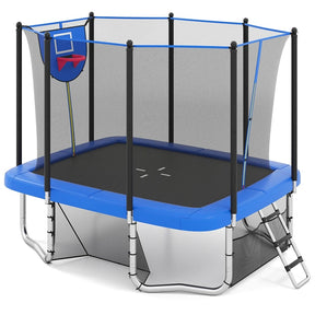 10x8 FT Rectangular Trampoline with Basketball Hoop, Soccer Goal, Enclosure Net, ASTM Approved Heavy-Duty Outdoor Trampoline for Kids & Adults