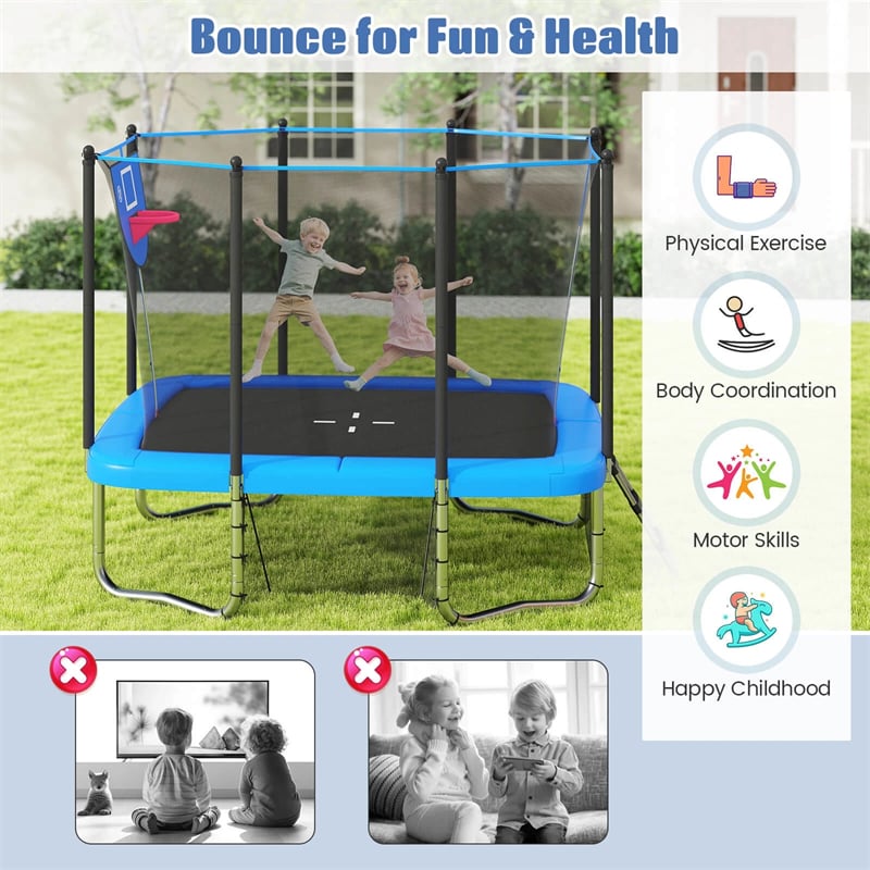 10x8 FT Rectangular Trampoline with Basketball Hoop, Soccer Goal, Enclosure Net, ASTM Approved Heavy-Duty Outdoor Trampoline for Kids & Adults