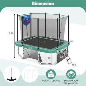 10x8 FT Rectangular Trampoline with Basketball Hoop, Soccer Goal, Enclosure Net, ASTM Approved Heavy-Duty Outdoor Trampoline for Kids & Adults