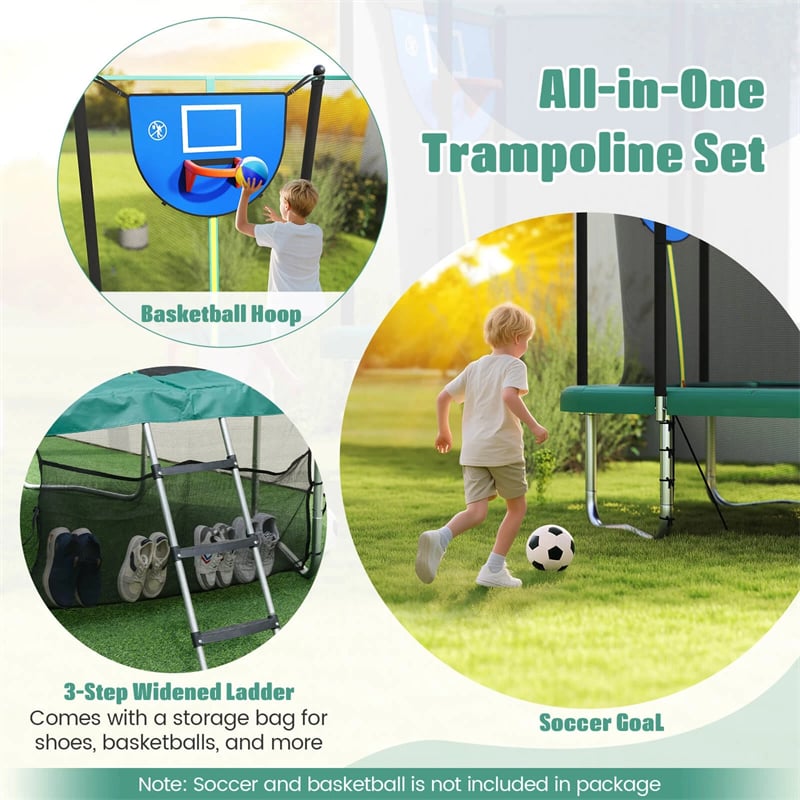 10x8 FT Rectangular Trampoline with Basketball Hoop, Soccer Goal, Enclosure Net, ASTM Approved Heavy-Duty Outdoor Trampoline for Kids & Adults
