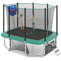 10x8 FT Rectangular Trampoline with Basketball Hoop, Soccer Goal, Enclosure Net, ASTM Approved Heavy-Duty Outdoor Trampoline for Kids & Adults
