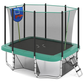 10x8 FT Rectangular Trampoline with Basketball Hoop, Soccer Goal, Enclosure Net, ASTM Approved Heavy-Duty Outdoor Trampoline for Kids & Adults