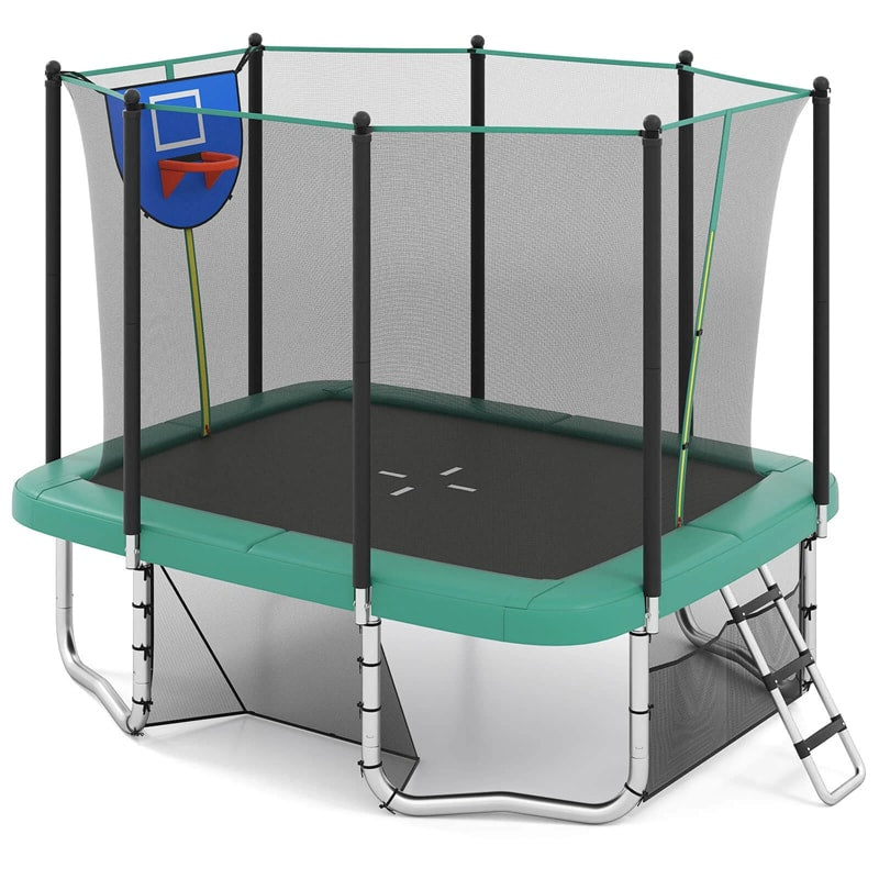 10x8 FT Rectangular Trampoline with Basketball Hoop, Soccer Goal, Enclosure Net, ASTM Approved Heavy-Duty Outdoor Trampoline for Kids & Adults