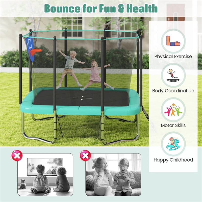 10x8 FT Rectangular Trampoline with Basketball Hoop, Soccer Goal, Enclosure Net, ASTM Approved Heavy-Duty Outdoor Trampoline for Kids & Adults
