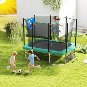 10x8 FT Rectangular Trampoline with Basketball Hoop, Soccer Goal, Enclosure Net, ASTM Approved Heavy-Duty Outdoor Trampoline for Kids & Adults