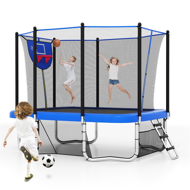 10x8 FT Rectangular Trampoline with Basketball Hoop, Soccer Goal, Enclosure Net, ASTM Approved Heavy-Duty Outdoor Trampoline for Kids & Adults
