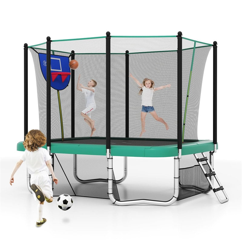 10x8 FT Rectangular Trampoline with Basketball Hoop, Soccer Goal, Enclosure Net, ASTM Approved Heavy-Duty Outdoor Trampoline for Kids & Adults