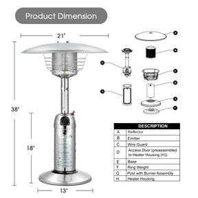 11,000 BTU Tabletop Propane Patio Heater, Portable Stainless Steel Outdoor Heater with Adjustable Flame & Tip-Over Protection for Backyard Restaurant